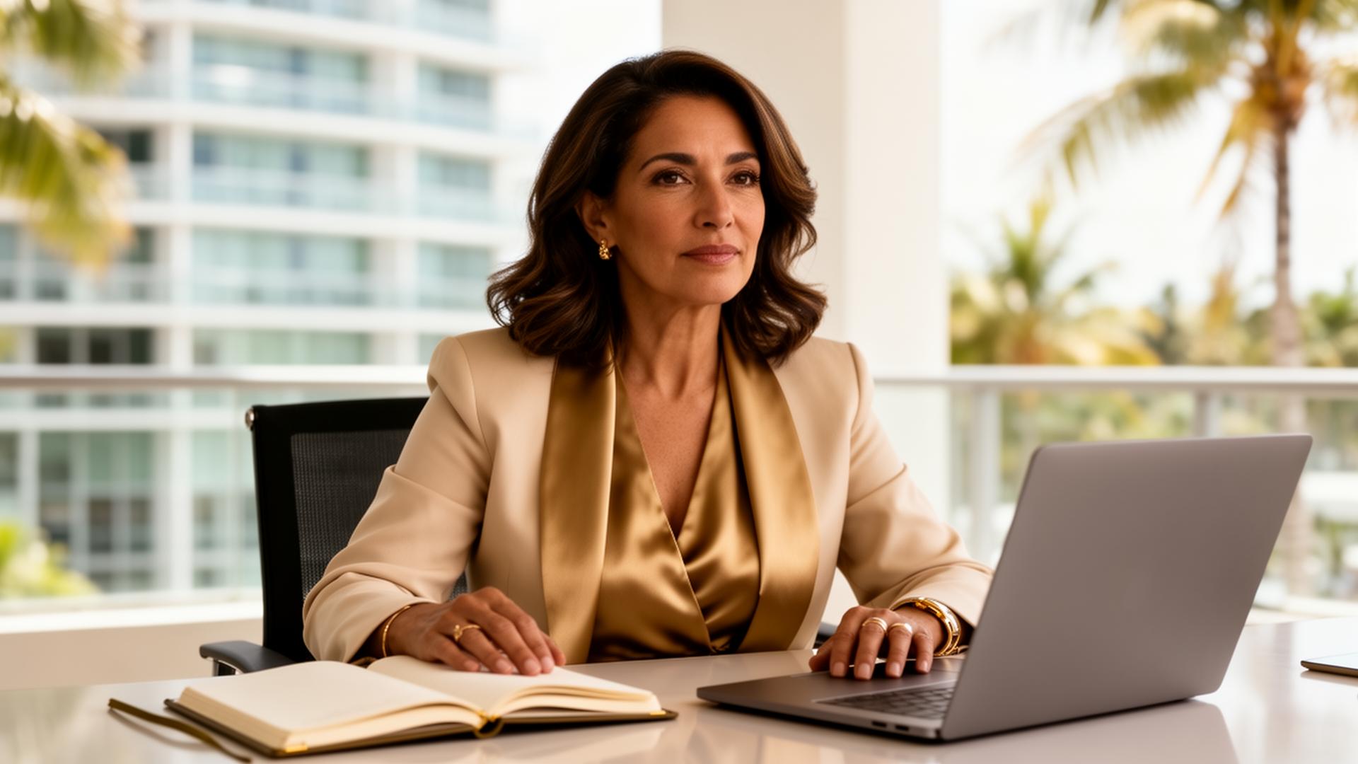 Fundadora latina profesional en su escritorio en Miami